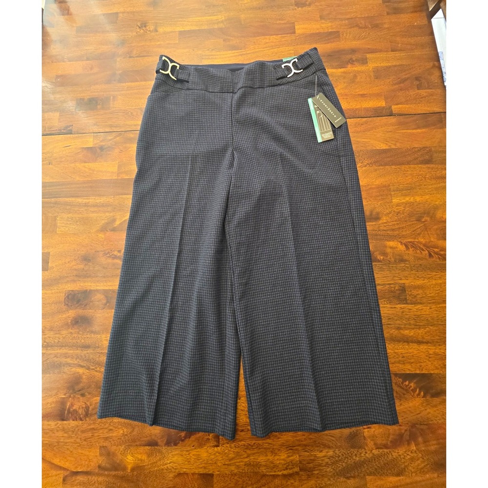investments  womens pants 14w blue check pull on cropped wide leg stretch 033